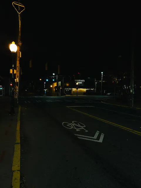 An empty street at night, a single amber street lamp on the left, a painted bike lane arrow in the road and a lit bar sign in the distance.
