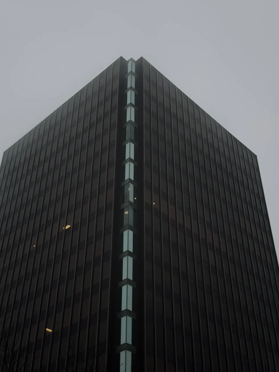 Looking up at a dark glass office tower in fog, a single column of pale lit windows running up its corner to a flat grey sky.