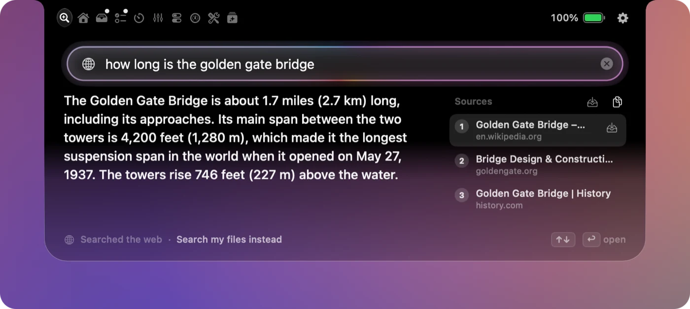 A web answer about the Golden Gate Bridge with sources
