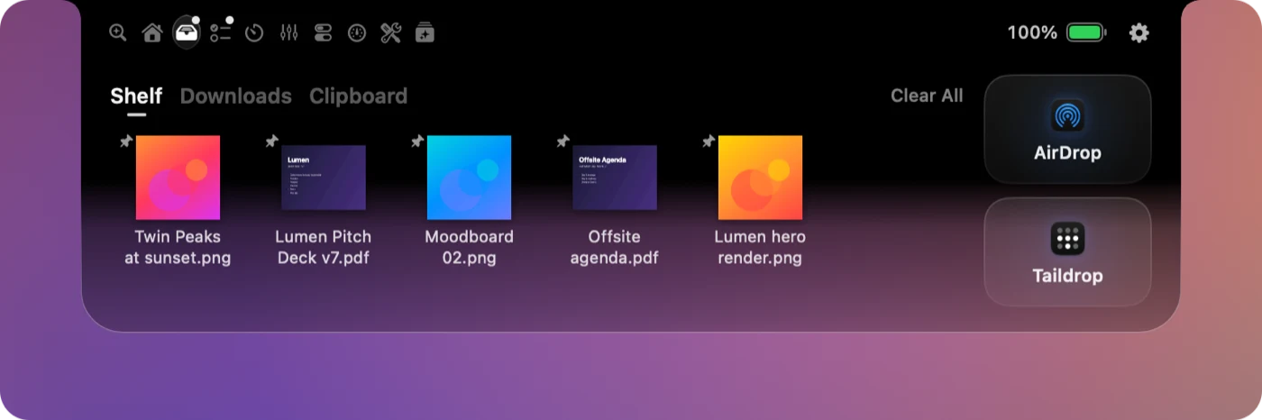 The Shelf with files beside AirDrop and Taildrop
