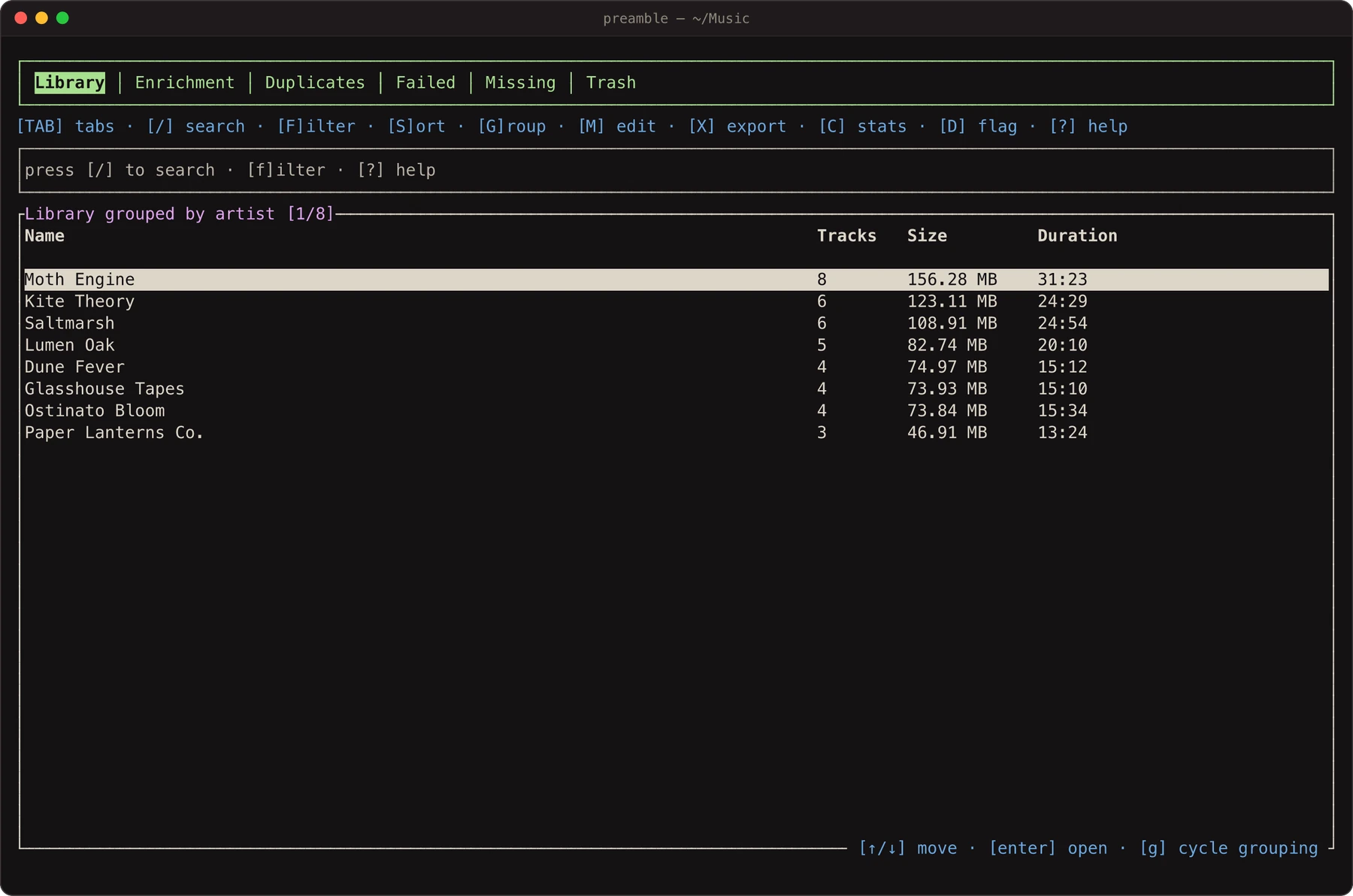 The library grouped by artist with track counts, sizes and runtimes