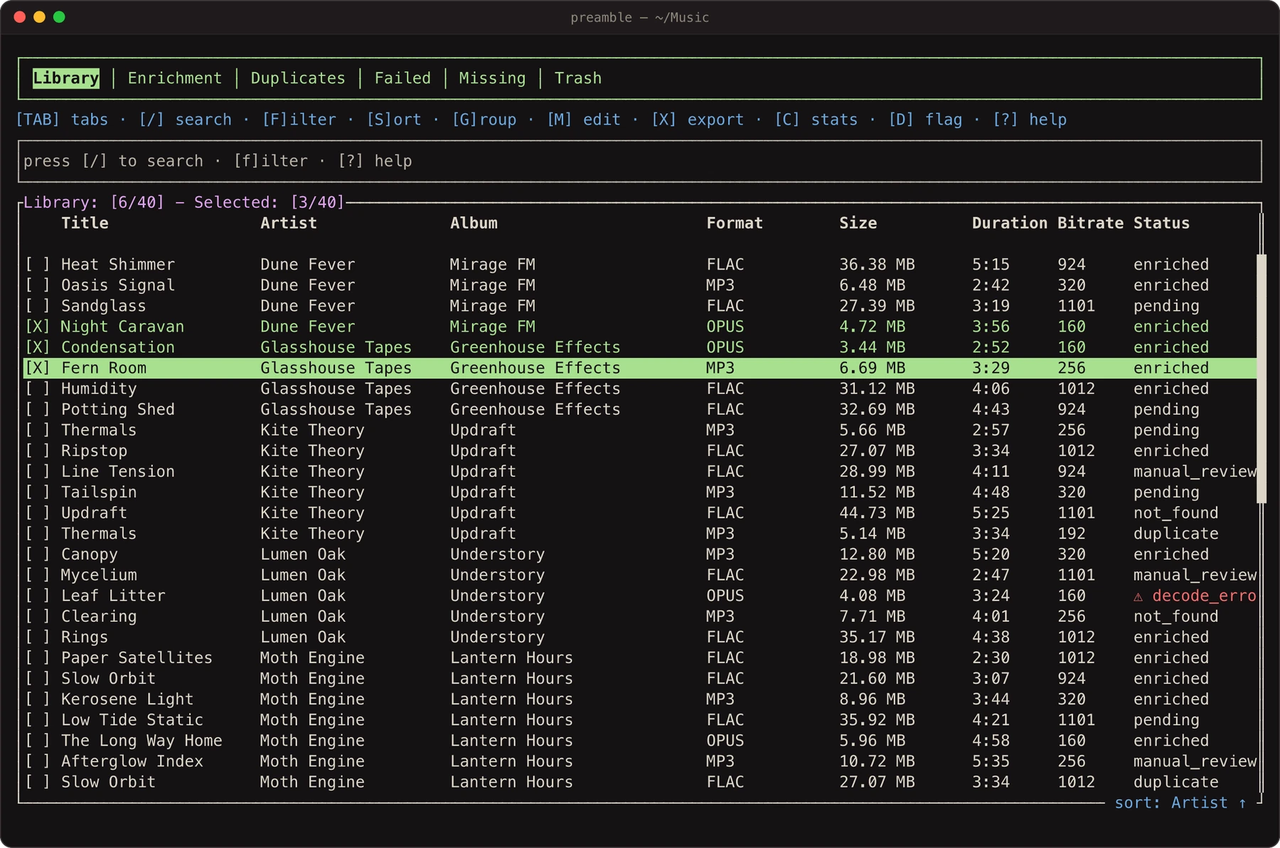 The Library tab: tracks sorted by artist, three selected, one with a decode error