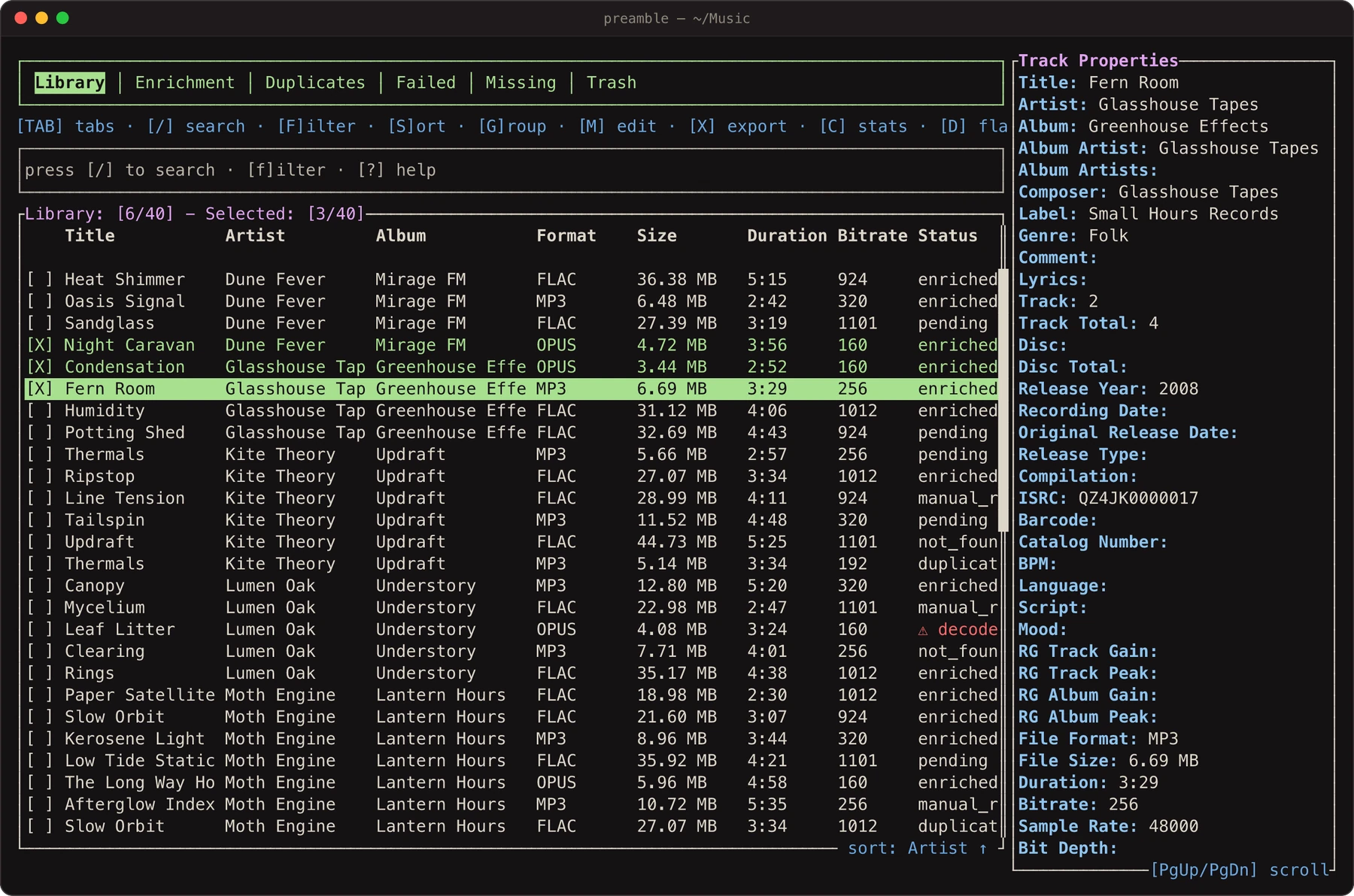 The properties panel showing every stored tag for one track